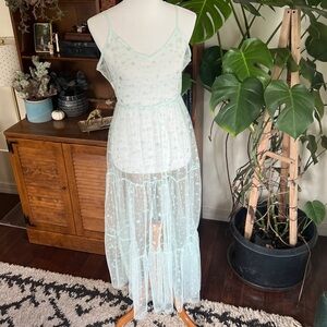 Sheer Tulle Mint Green Glitter Star Maxi Slip Layer Dress M